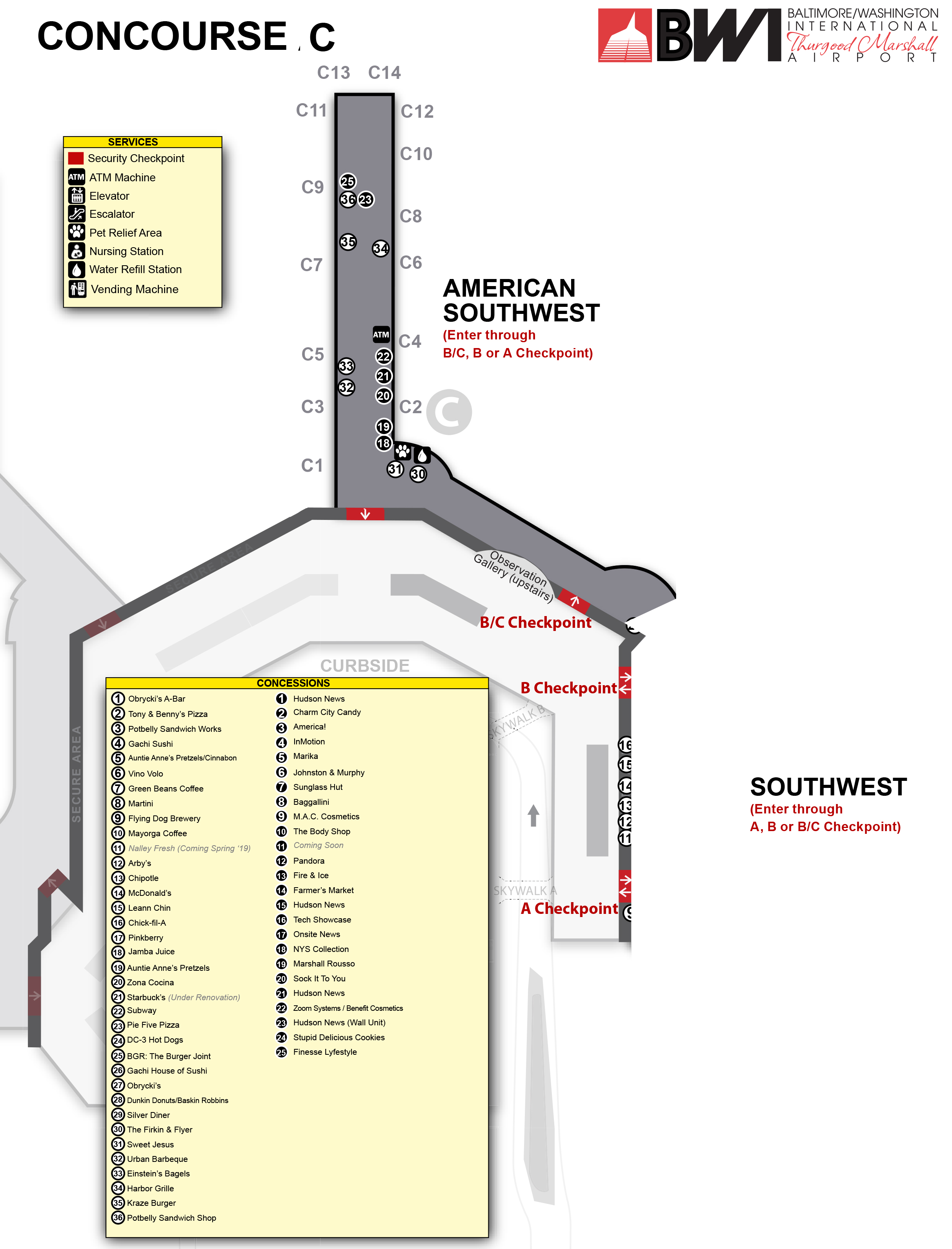 Baltimore Washington Airport Map Bwi Printable Terminal Maps Shops