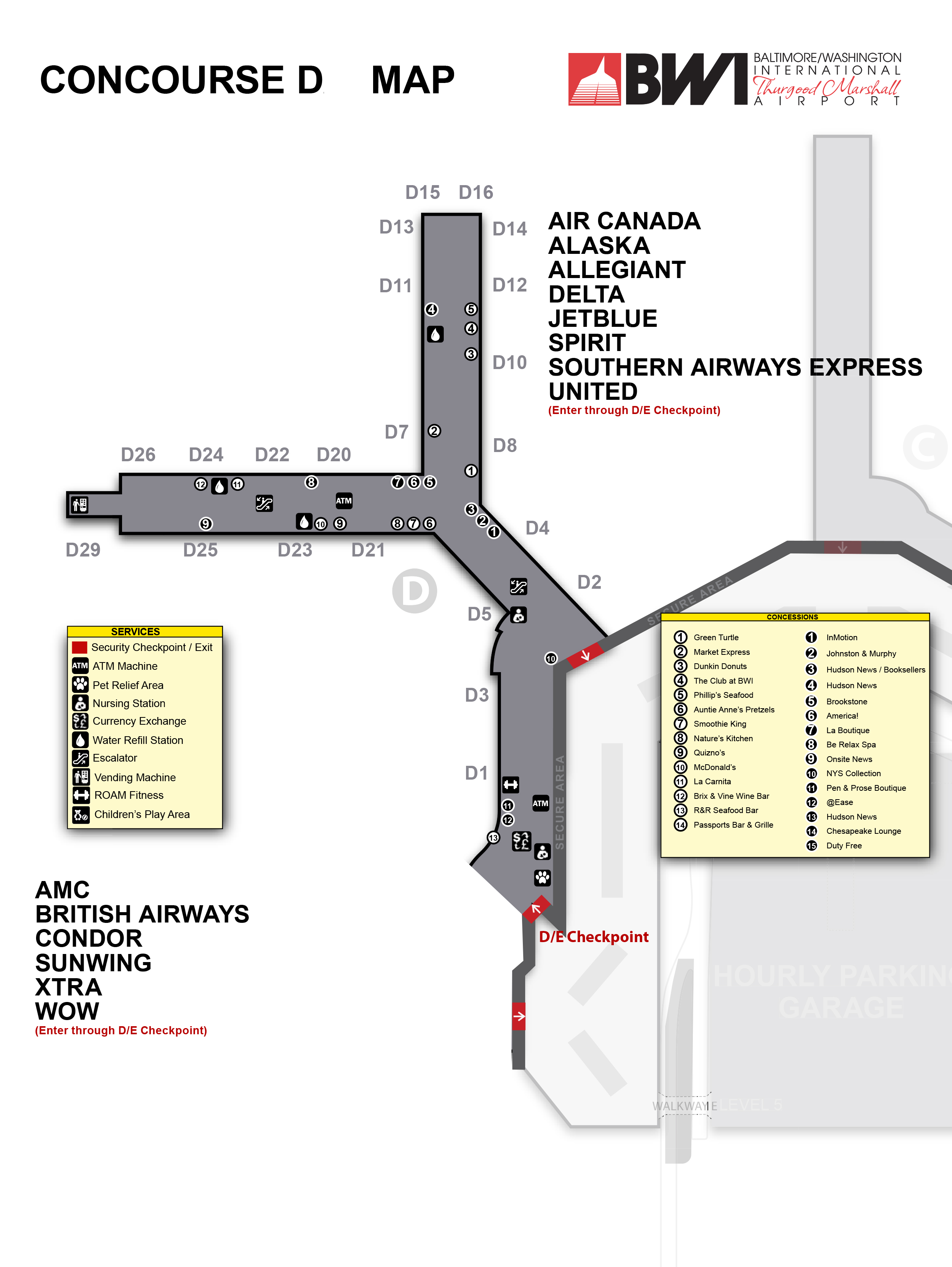 BaltimoreWashington Airport Map (BWI) Printable Terminal Maps, Shops