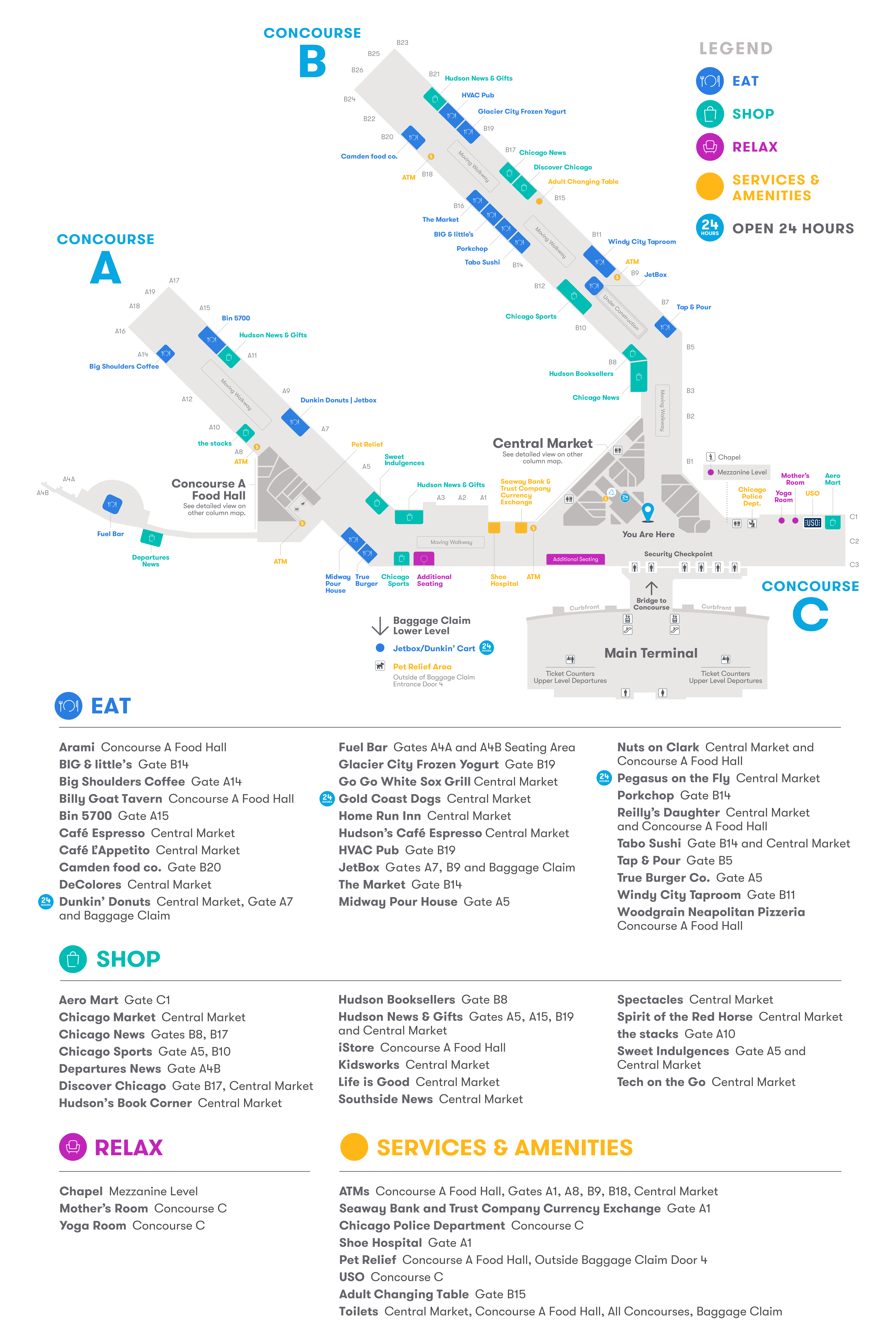 Chicago Midway Airport Map (MDW) - Printable Terminal Maps, Shops, Food
