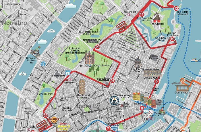 Copenhagen Redbus Hop-On Hop-Off Bus Tour Map