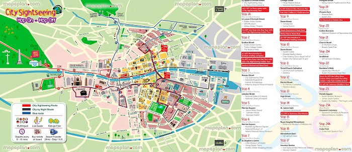 Dublin City Sightseeing Hop-On Hop-Off Bus Tour Map